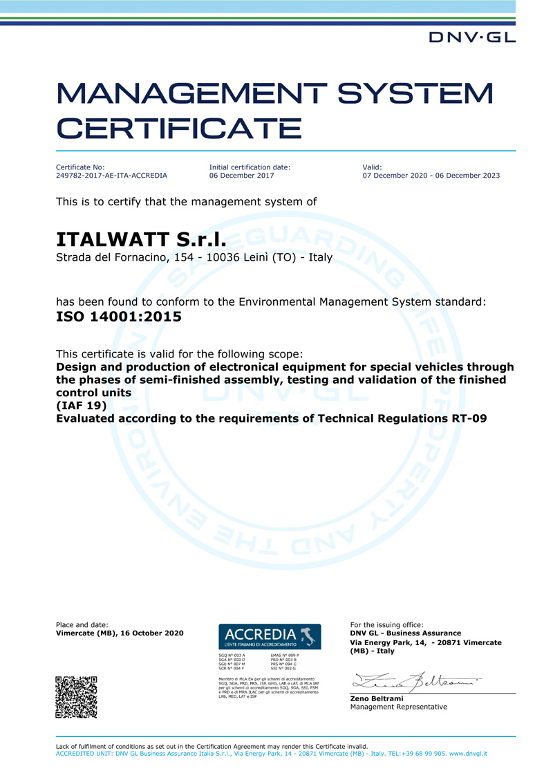 Italwatt - Certification ISO14001-2015